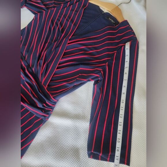 Ralph Lauren Red and Blue Ruched Faux Wrap Dress V-Neck - Picture 8 of 11